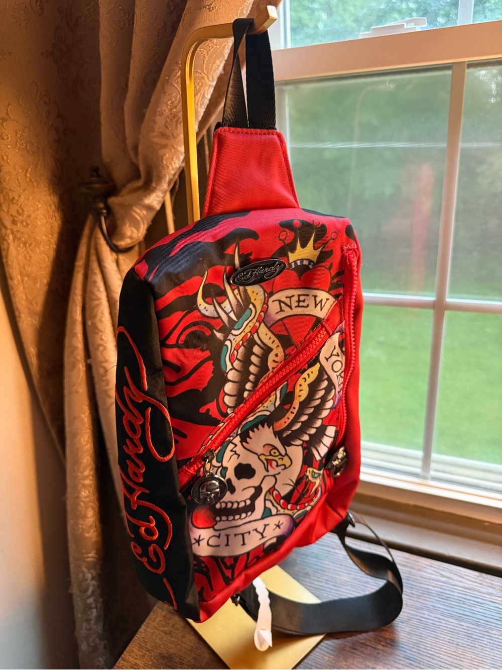 Ed Hardy Red and Black Tattoo-Print Sling Bag